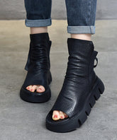 Schwarze Stiefel Plateau Rindsleder Peep Toe 2025 Neu